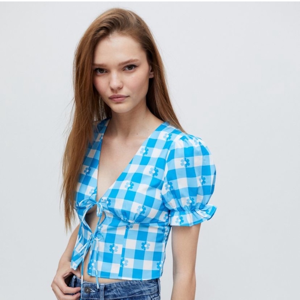 Another Girl Gingham Tie-Front Blouse NWT
